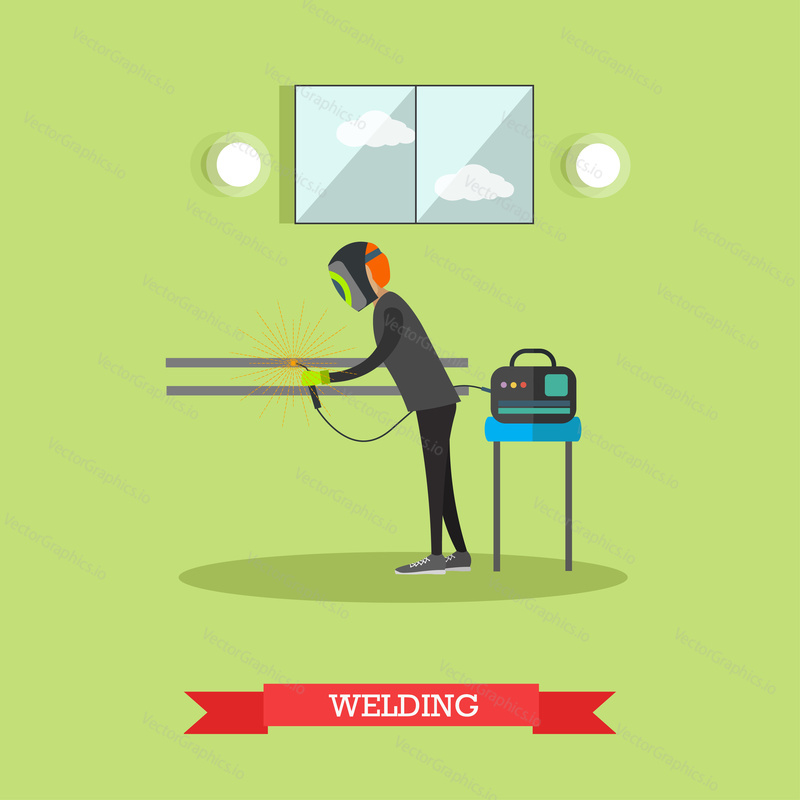 Vector illustration of factory worker in welding mask using welding equipment. Metalworking, welder concept design element in flat style.