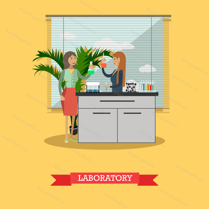 Vector illustration of chemists females testing chemical elements. Chemistry laboratory interior, lab glassware. University laboratory flat style design element.