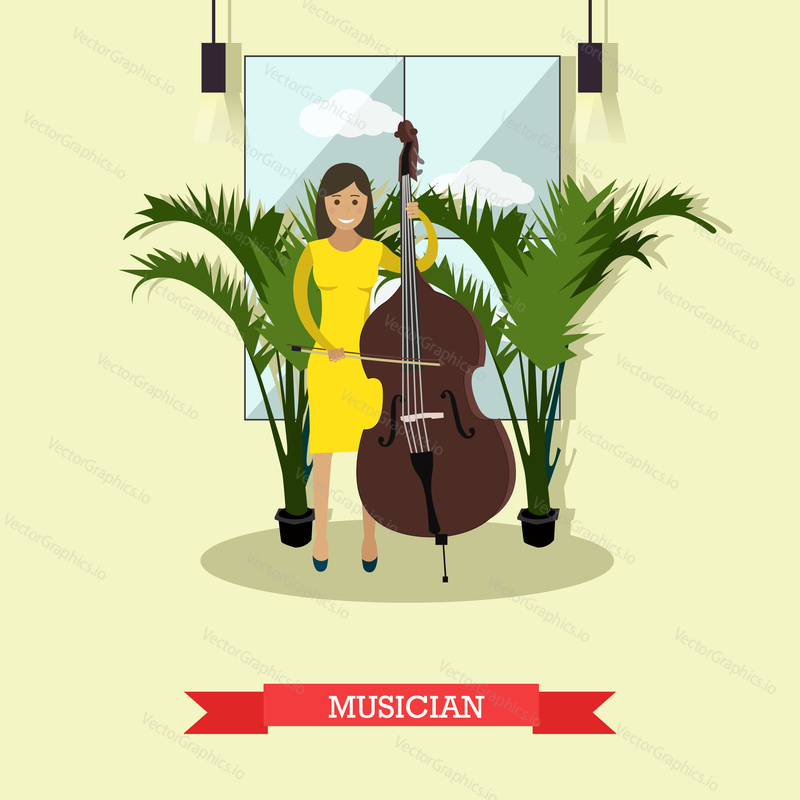 Векторная иллюстрация женщины-музыканта, играющей на струнном музыкальном инструменте контрабас. Элемент дизайна в плоском стиле.