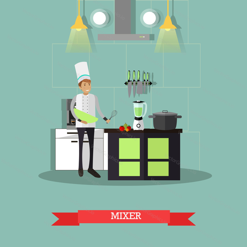 Vector illustration of restaurant cook male preparing food using electric mixer. Flat style design.