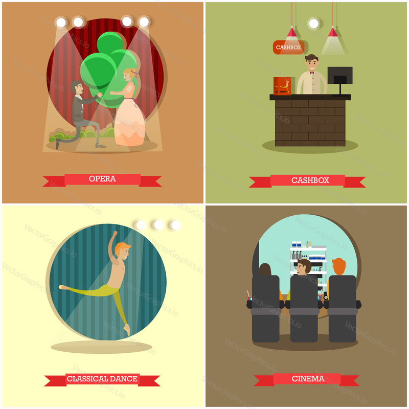 Vector set of performing arts concept posters. Opera, Cashbox, Classical dance and Cinema design elements in flat style.