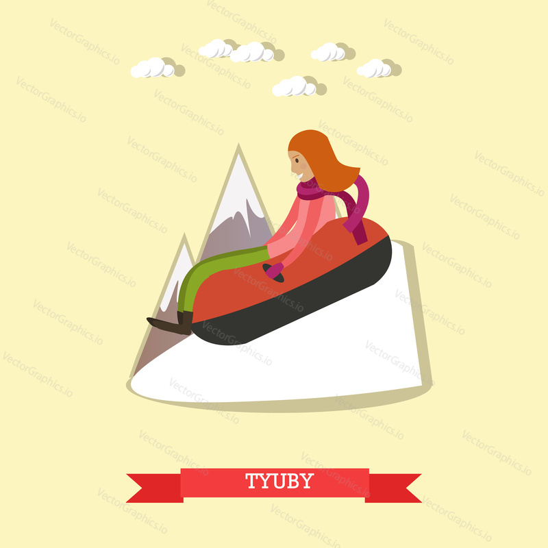 Vector illustration of young woman enjoying the ride on inner tube. Snow tubing, winter fun flat style design element.