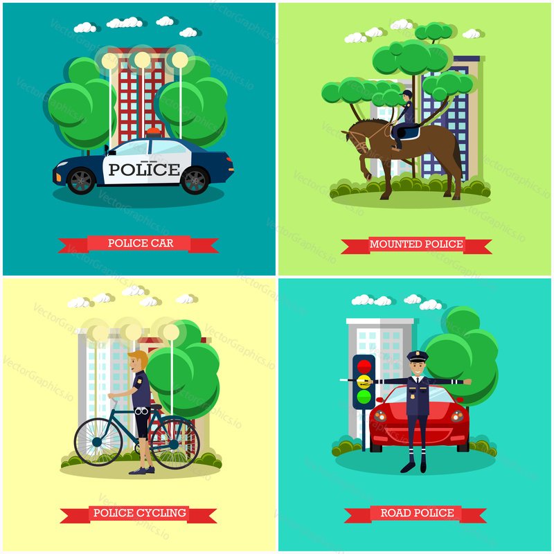 Vector set of police concept posters, banners. Mounted and road police, Police transport car and bicycle design element in flat style.