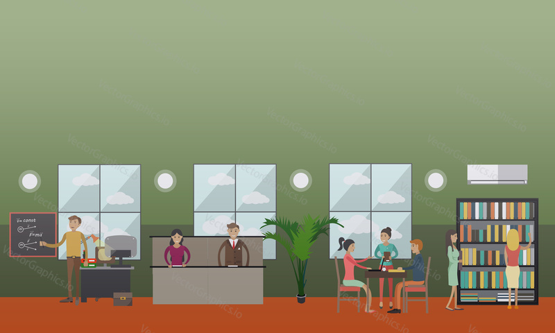 Vector illustration of university or college classroom, lecture hall and library interior with teachers and students. Flat style design elements.