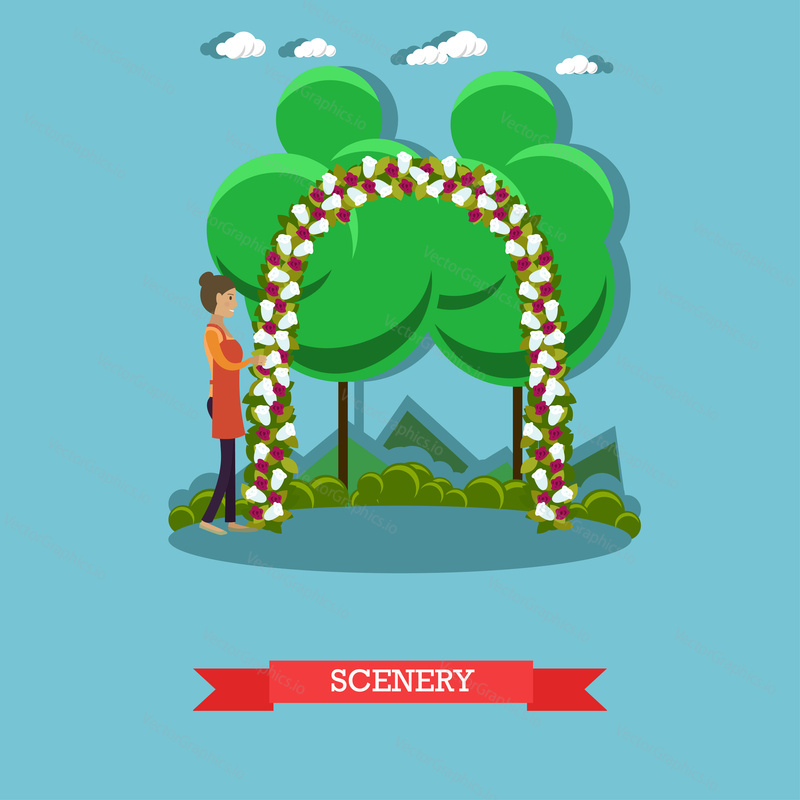 Vector illustration of wedding arch decorated with flowers. Scenery of outdoors wedding ceremony flat style design element.