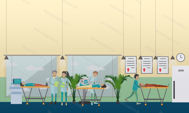 Hospital emergency care vector illustration. Hospital staff giving patients first aid to preserve life. Emergency room flat style design elements.