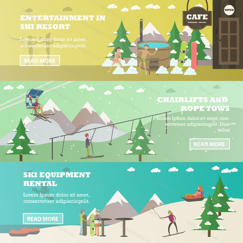 Vector set of winter fun horizontal banners. Entertainment in ski resort, Chairlifts and rope tows, Ski equipment rental flat style design elements.