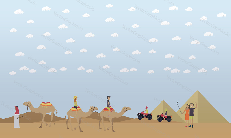 Vector illustration of egyptian pyramids and tourists young people taking selfie with mobile and selfie stick monopod, riding camels and quad bikes. Trip to Egypt concept flat style design element.