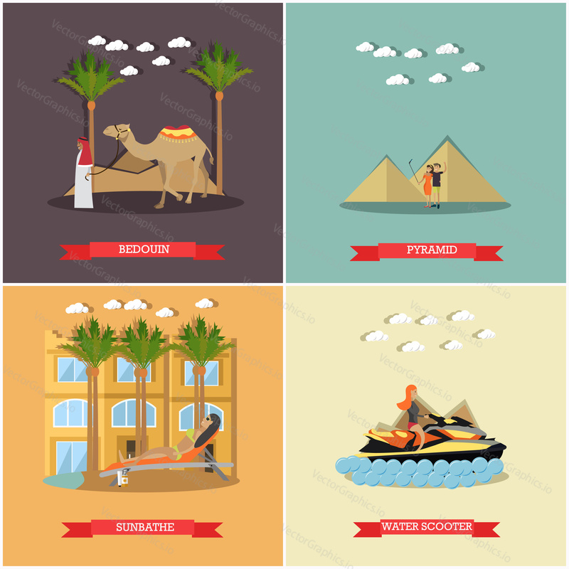 Vector set of vacation in Egypt concept posters, banners. Bedouin, Pyramid, Sunbathe and Water scooter flat style design elements.