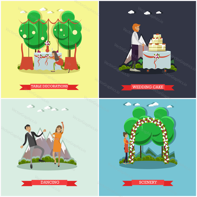 Vector set of wedding posters. Table decorations, Wedding cake, Dancing and scenery flat style design elements.