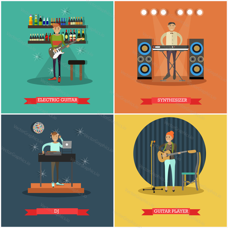 Vector set of musical instruments concept posters. Electric guitar, Guitar player, Synthesizer and DJ flat style design elements.