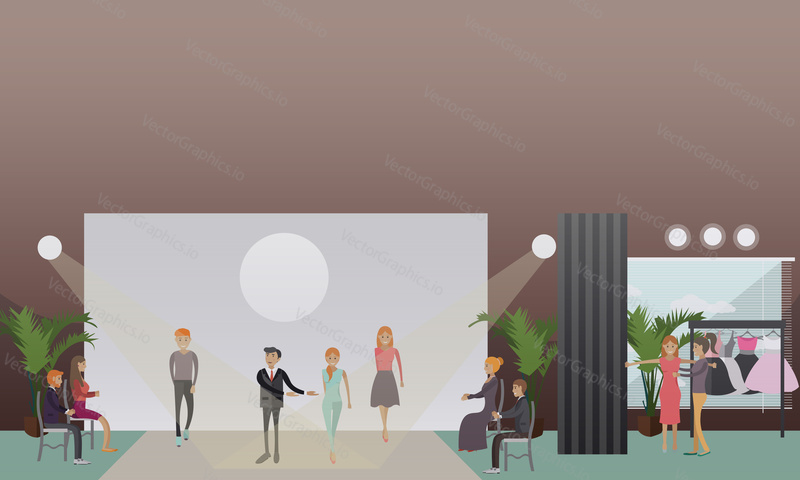 Vector illustration of fashion stylist male with models male and females walking down catwalk. Fashion show concept design element in flat style