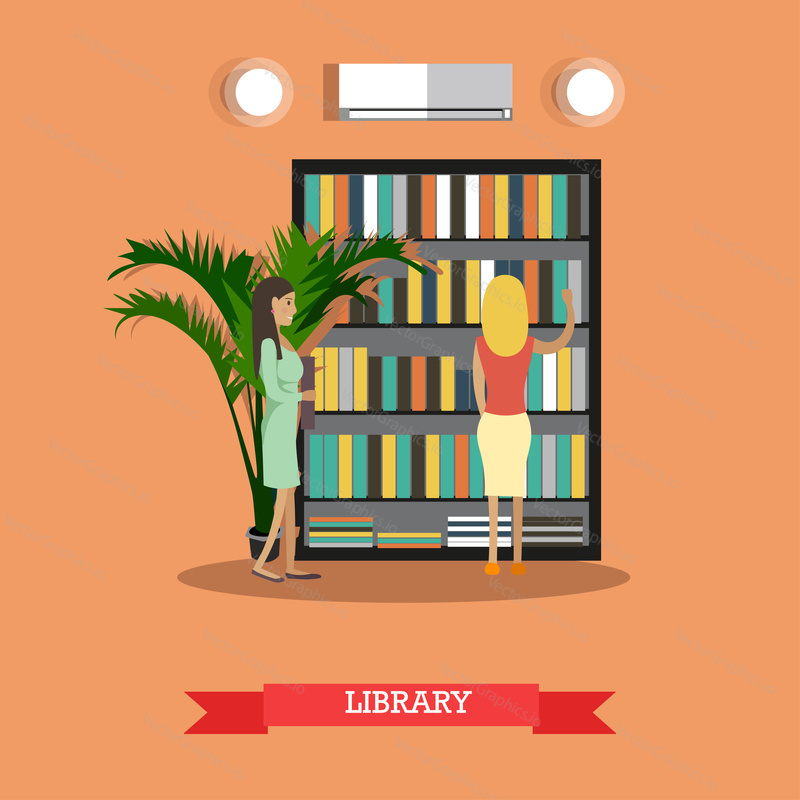 Vector illustration of students females at college or university library. Flat style design.