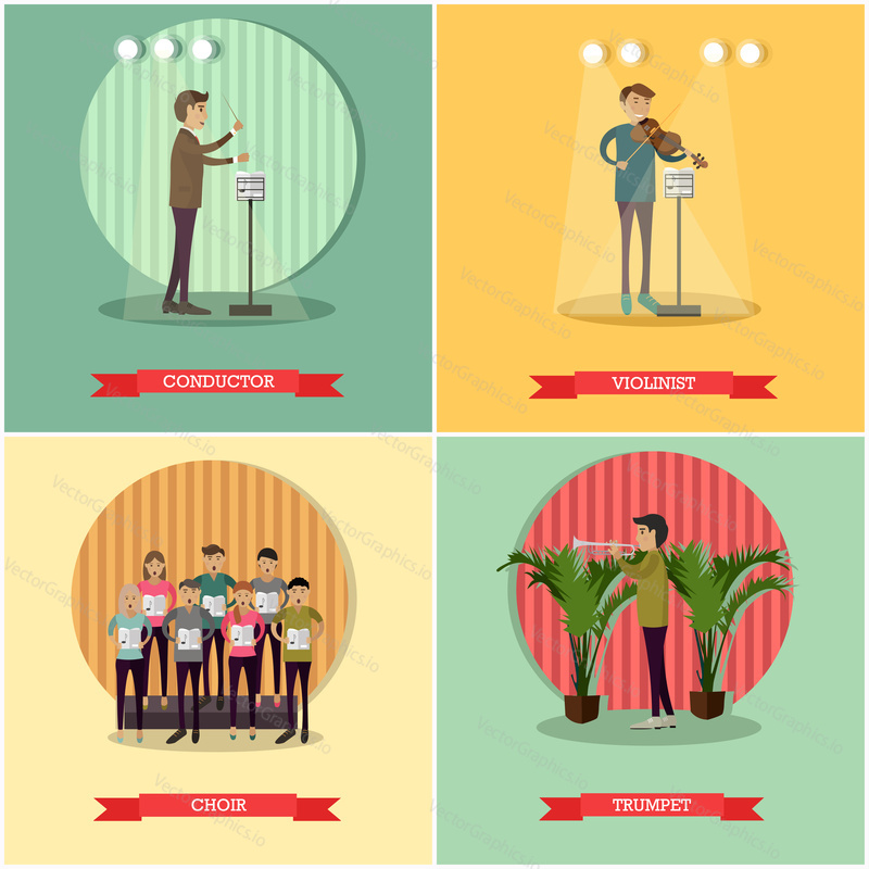 Vector set of orchestra concept posters. Conductor, Violinist, Choir and Trumpet design elements in flat style.