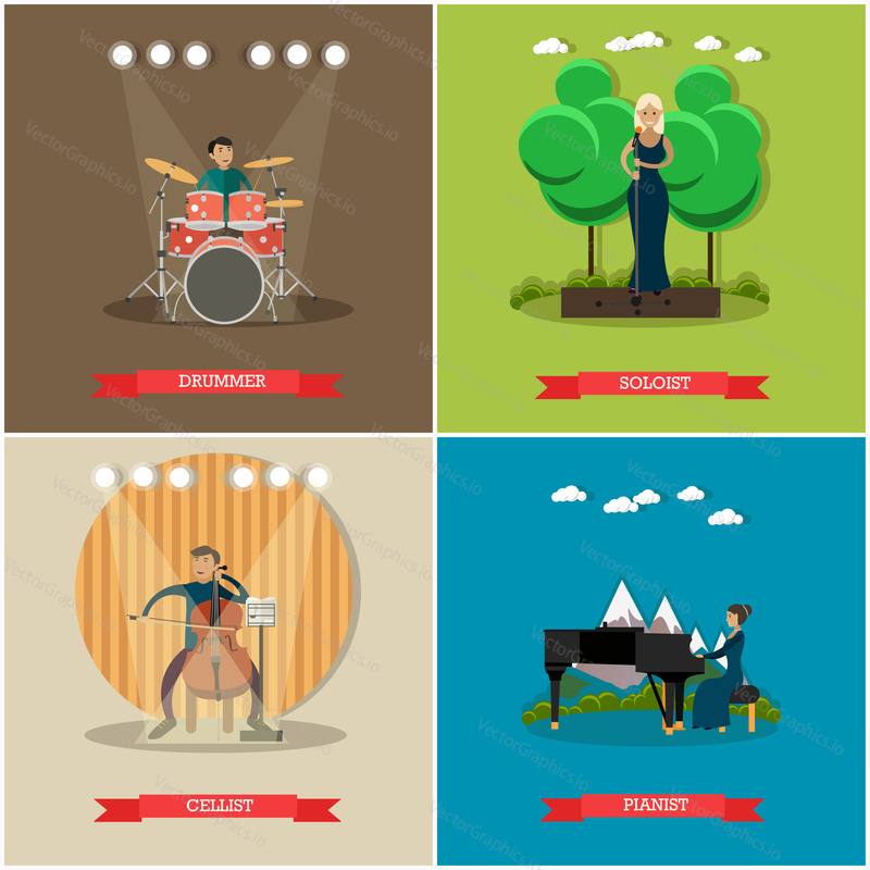 Vector set of singers and musicians posters. Drummer, Soloist, Cellist and Pianist flat style design elements.