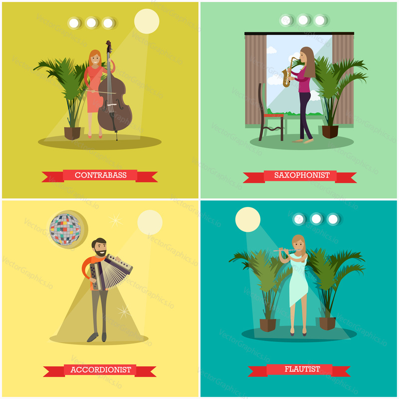 Vector set of posters with musicians male and female playing musical instruments. Contrabass, Saxophonist, Accordionist and Flautist flat style design elements.