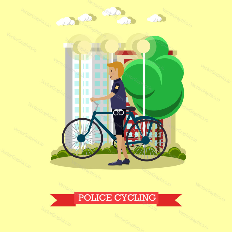 Vector illustration of policeman with city bicycle. Police inspector patrolling street design element in flat style.