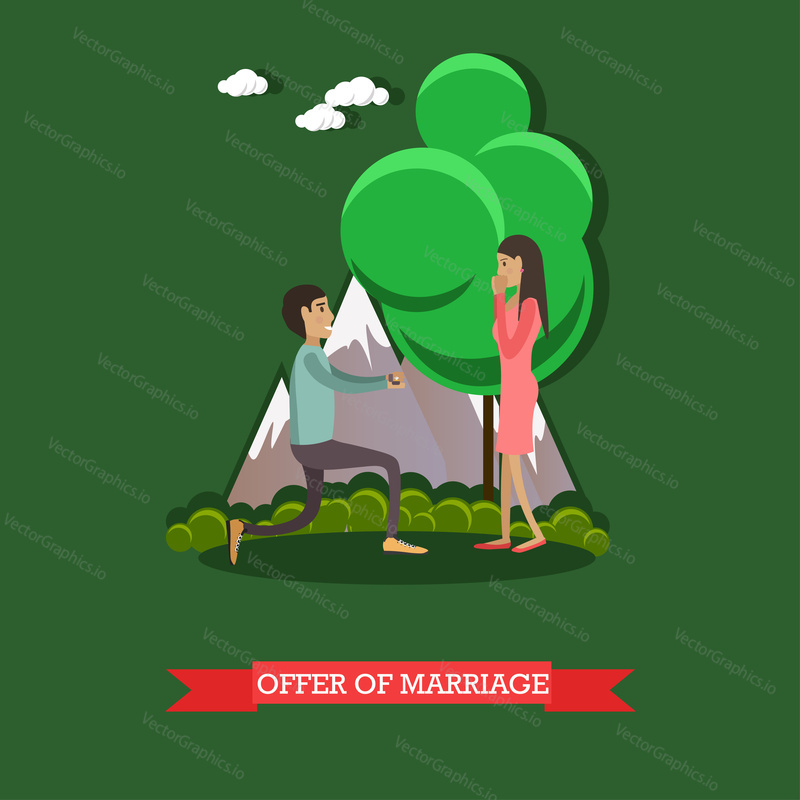 Vector illustration of young man getting down on one knee and making a proposal to his girlfriend. Offer of marriage flat style design element.