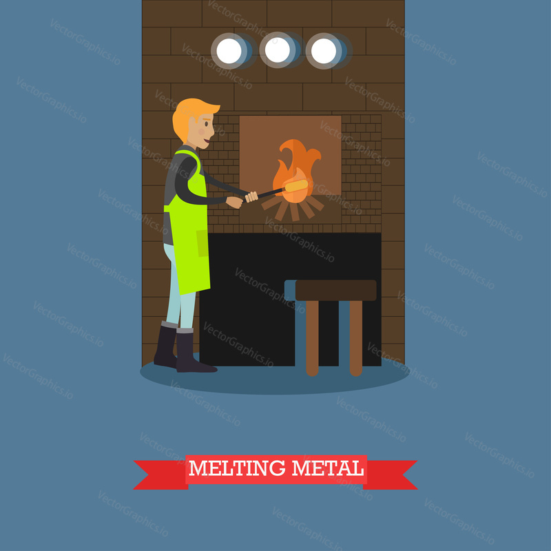 Vector illustration of foundry worker melting metal castings in furnace. Metalworking, founder concept design element in flat style.