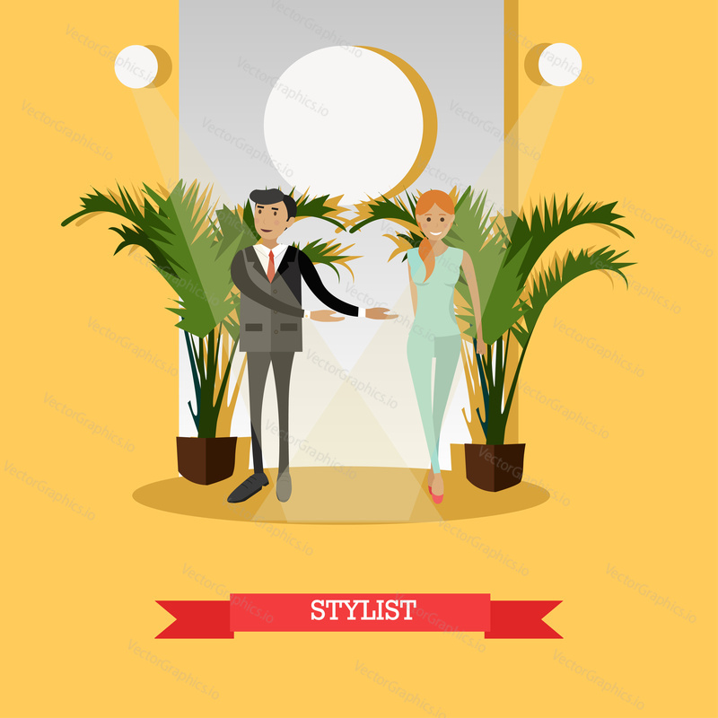 Vector illustration of professional fashion designer male with model girl walking down catwalk. Fashion stylist concept design element in flat style