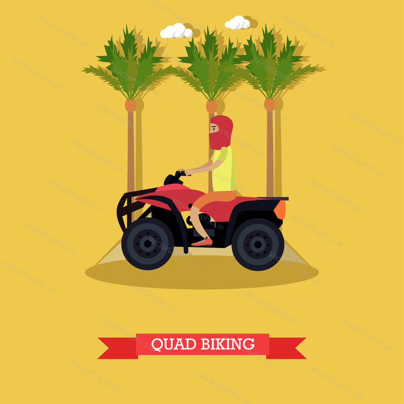Vector illustration of young man riding quad bike. Trip to Egypt concept flat style design element.