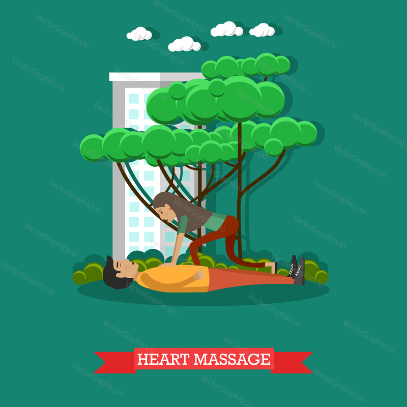 Vector illustration of woman applying first aid to lying on the ground man suffering from heart attack. Heart massage concept design element in flat style.