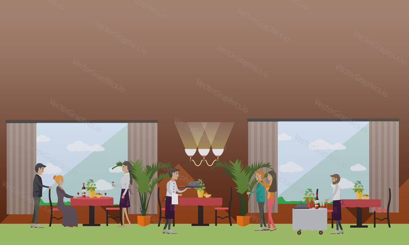 Vector illustration of loving couples meeting at restaurant. Romantic date flat style design element.