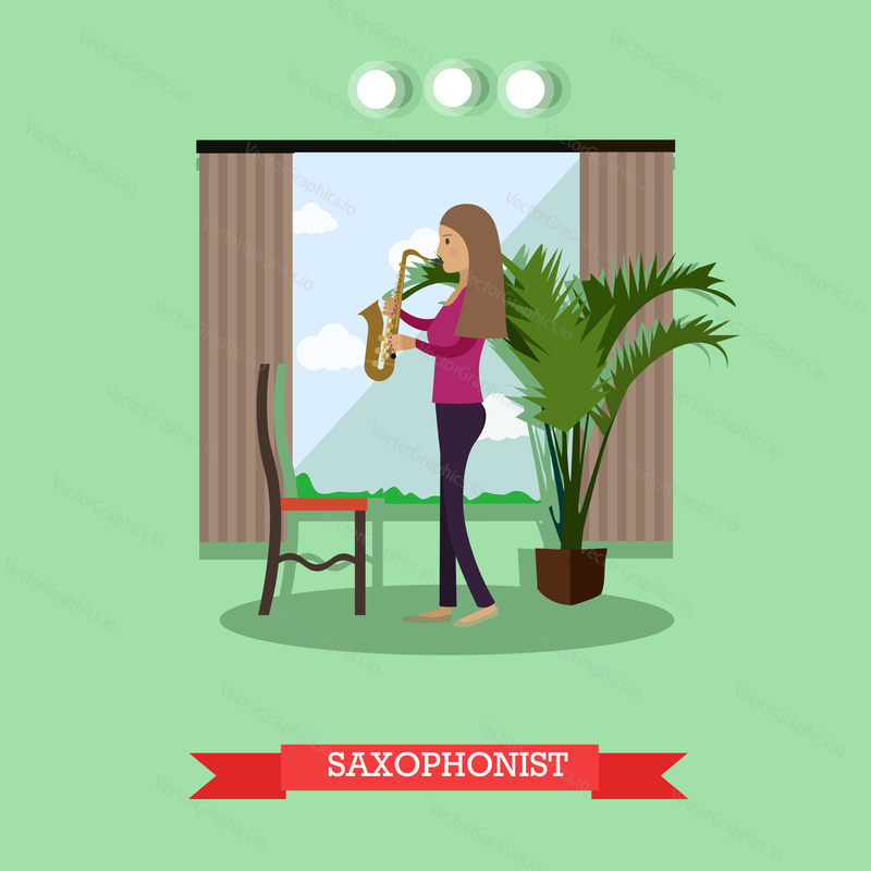Vector illustration of musician female playing saxophone wind musical instrument. Saxophonist flat style design element.