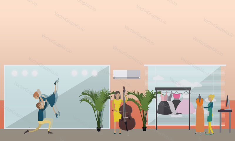 Vector illustration of art and crafts professionals. Clothing stylist, musician bassist and ballet dancers concept design elements in flat style.