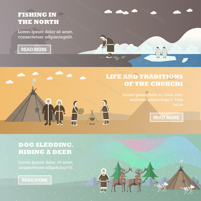 Vector set of north horizontal banners. Fishing in the north, Life and traditions of the chukchi, Dog sledding and riding a deer concept design elements in flat style.