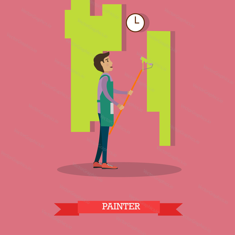 Vector illustration of young man painting wall. House painter concept design element in flat style.