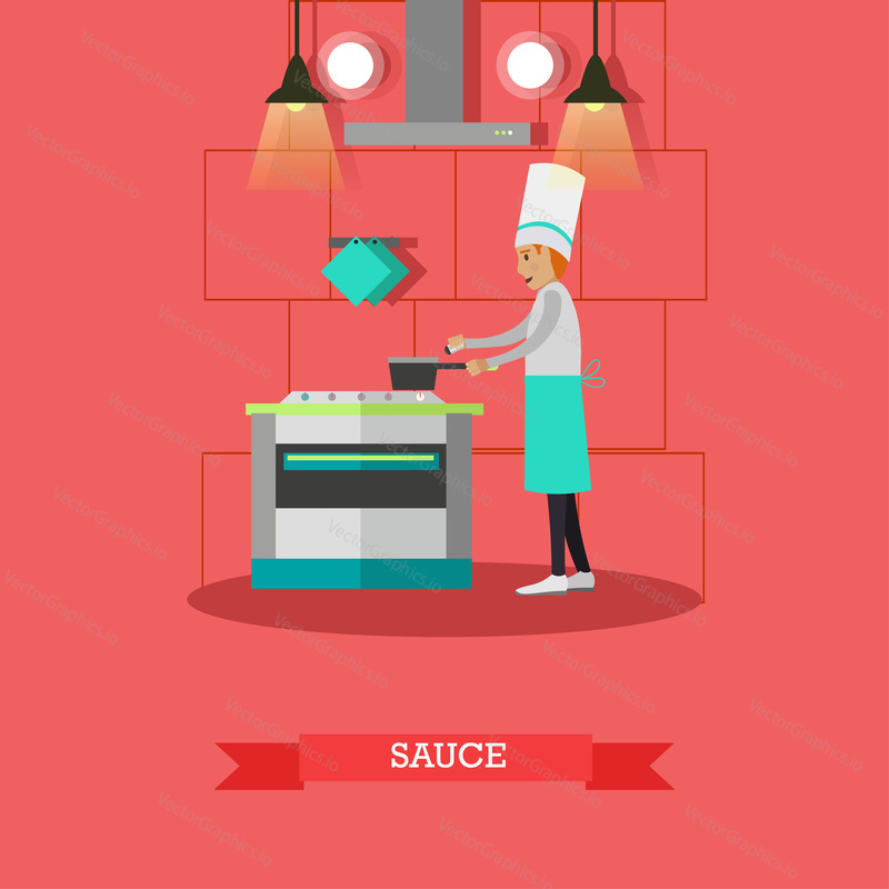 Векторная иллюстрация повара-мужчины, готовящего соус. Интерьер кухонного помещения ресторана. Дизайн в плоском стиле.