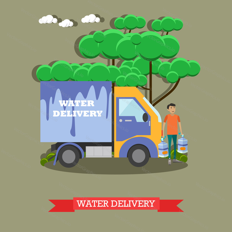 Vector illustration of water delivery truck and delivery man with two big bottles of water. Transportation of drinking water flat style design element.