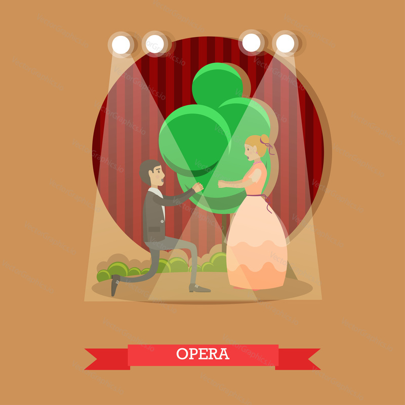 Vector illustration of young opera singers male and female acting on stage. Flat style design.