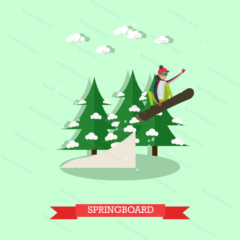 Vector illustration of snowboarder jumping from springboard. Winter sports concept design element in flat style.