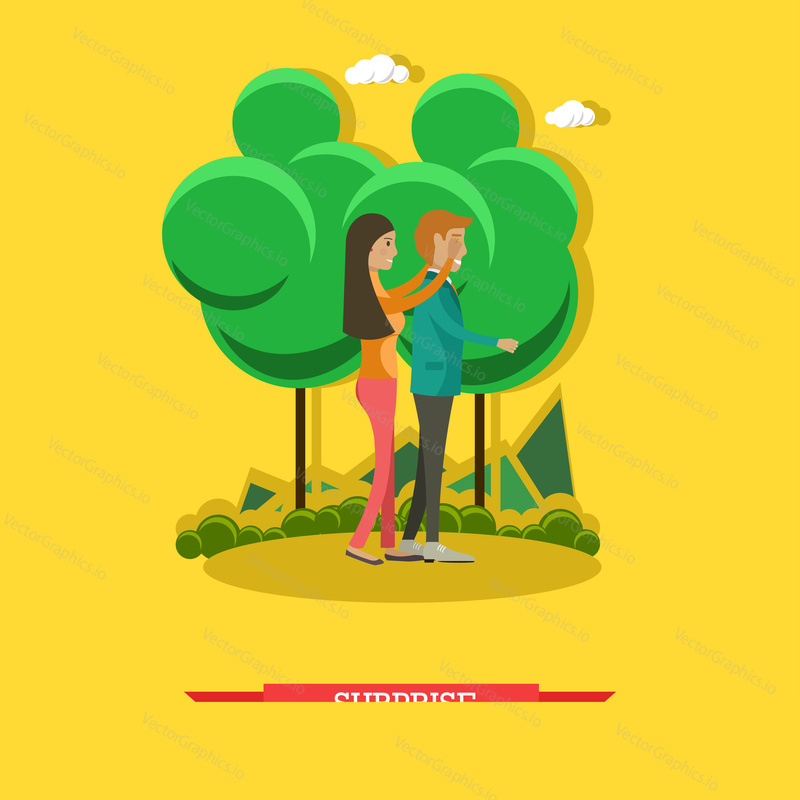 Vector illustration of happy girl covering boyfriend eyes with her hands. Surprise concept flat style design element.