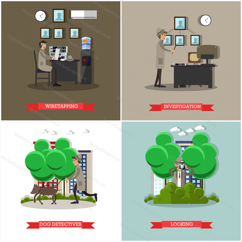 Vector set of investigation posters. Wiretapping, Investigation, Dog detective and Looking flat style design elements.