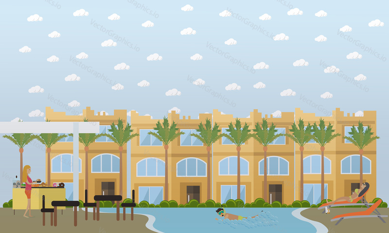 Vector illustration of hotel, egyptian resort on the beach with swimming pool, bar, lounge chairs, palm trees and tourists taking rest. Trip to Egypt concept flat style design element.
