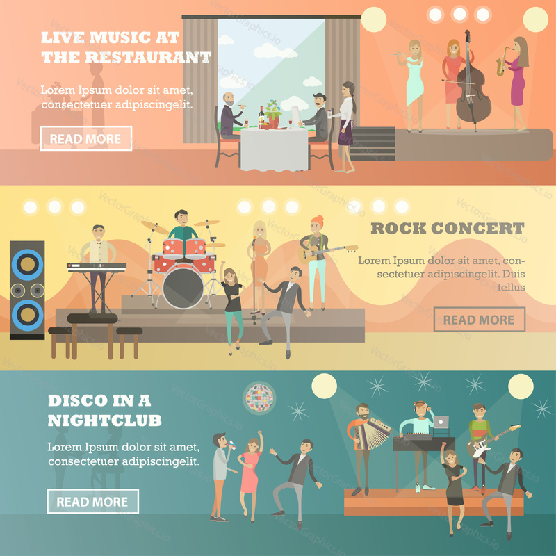 Vector set of musicians concept horizontal banners. Live music at the restaurant, Rock concert and Disco in a nightclub design elements in flat style.
