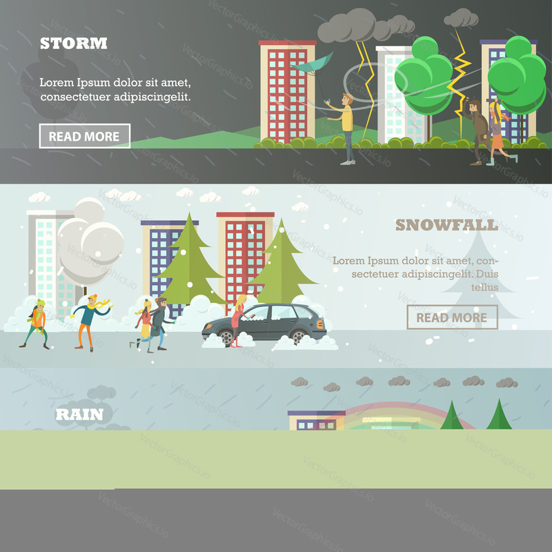 Vector set of weather concept horizontal banners. Storm, Snowfall and Rain flat style design elements.