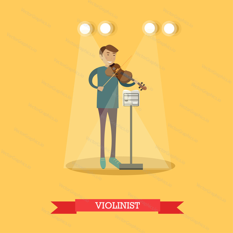 Vector illustration of musician young man playing violin. Violinist performing classical music flat style design element.
