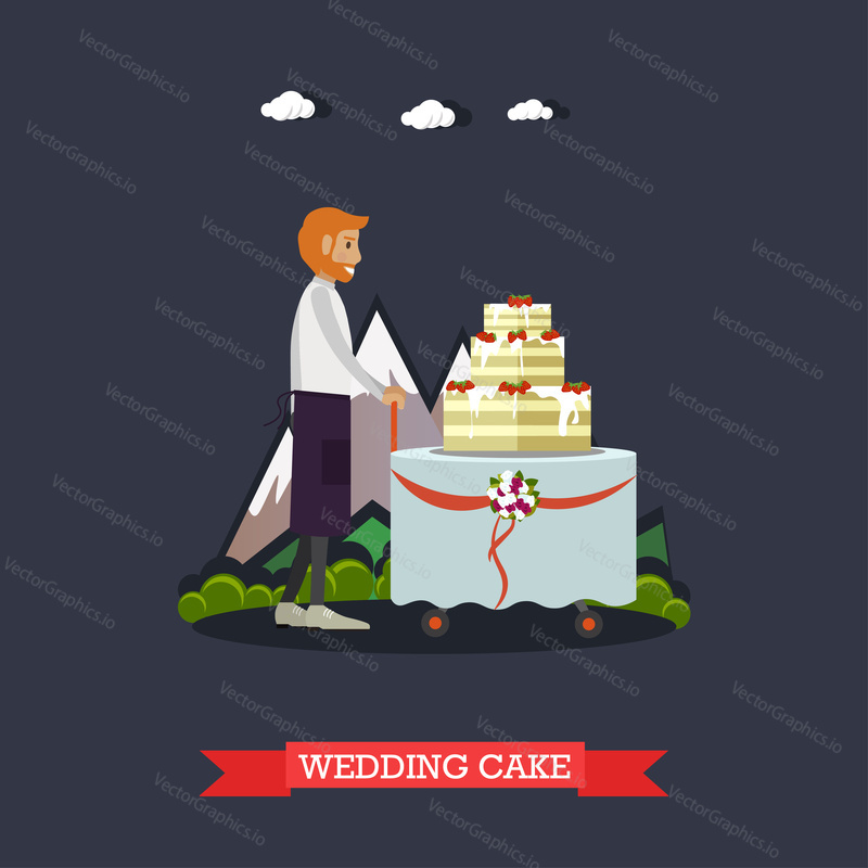 Vector illustration of man waiter and big cake with three tiers. Outdoors wedding party catering. Wedding cake concept design element in flat style.