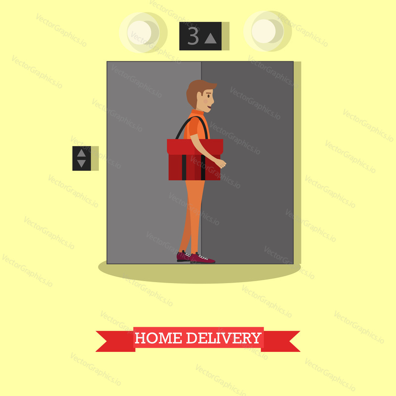 Vector illustration of courier with red delivery bag standing near elevator. Home delivery flat style design element.