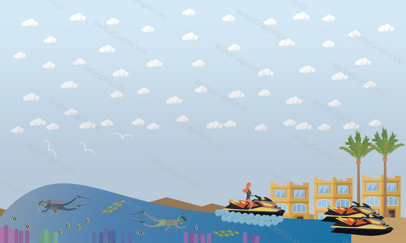 Beach vacation concept vector illustration. Riding water scooter and snorkeling, beach activity design element in flat style.