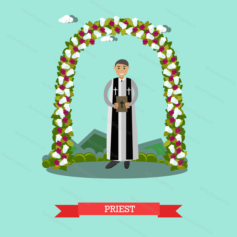 Vector illustration of priest standing under wedding arch. Outdoors wedding ceremony flat style design element.