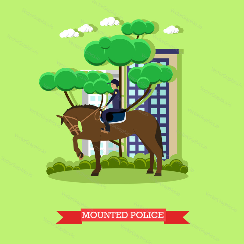 Vector illustration of mounted police patrolling street, flat style design element.