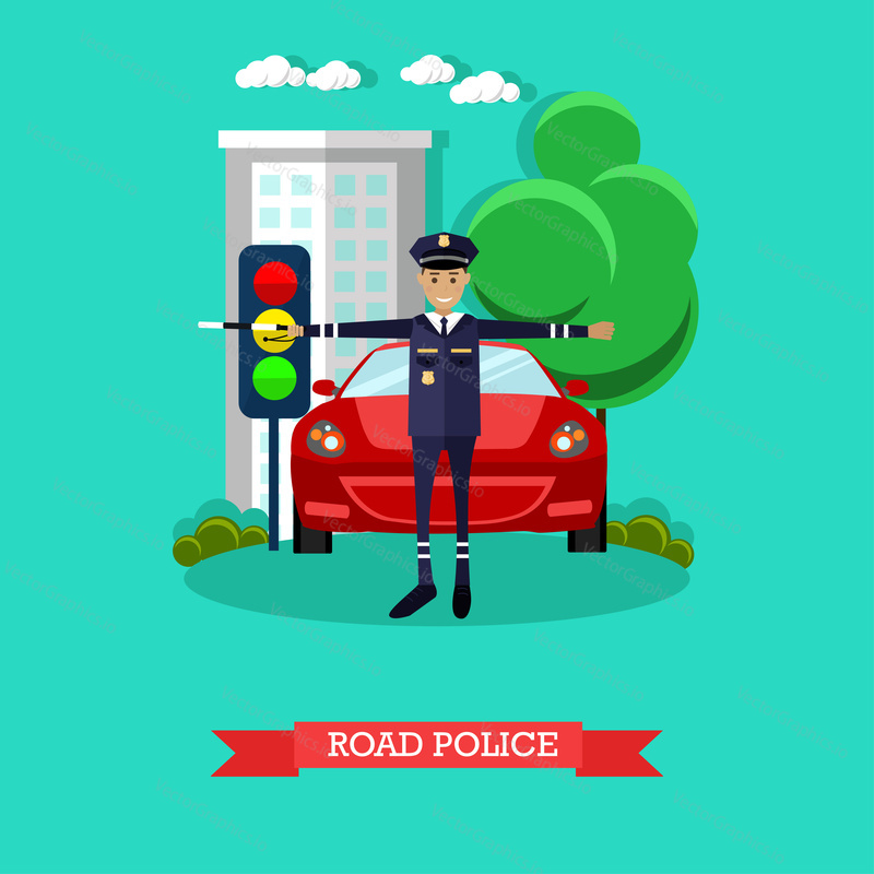 Vector illustration of policeman with baton regulating street traffic. Road police concept design element in flat style.