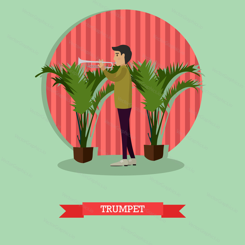 Vector illustration of trumpet player musician young man playing trumpet. Trumpeter flat style design element.