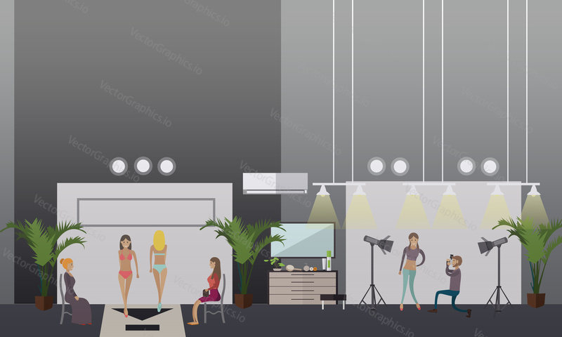 Vector illustration of fashion models demonstrating swimwear. Show swimsuits and photosession concept design elements in flat style