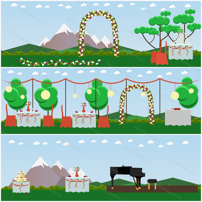 Vector set of outdoors wedding scenery posters, banners. Decorated wedding arch, tables and big cake with three tiers, piano for musicians flat style design elements.